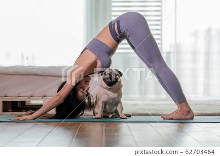 woman practice yoga Downward Facing dog with dog 62703464