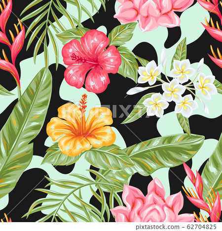 Seamless pattern with tropical flowers and leaves. 62704825