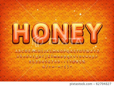 Sweet Honey alphabet with realistic pattern. Numbers, 3d letters, symbols. Vector illustration. 62704827