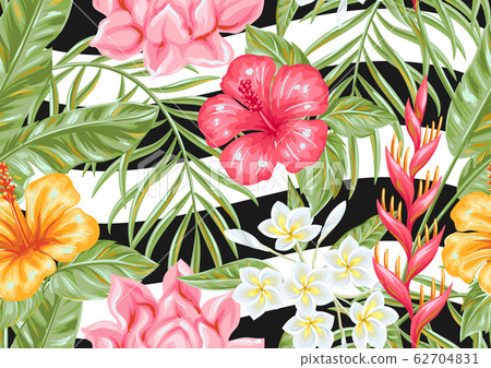 Seamless pattern with tropical flowers and leaves. 62704831