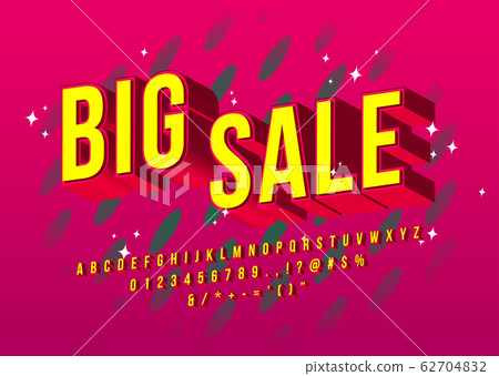 Big Sale Alphabet. Yellow Elegant Font design. Vector set of 3D Alphabet Letters, Numbers and Symbols. 62704832