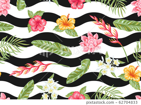 Seamless pattern with tropical flowers and leaves. 62704833