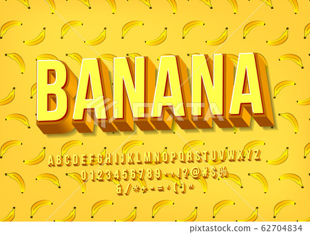 Yellow banana Alphabet. Vector 3D layered typeface. English letters, numbers, symbols 62704834