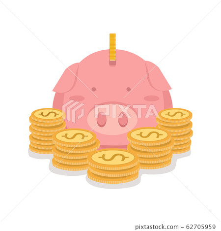 Piggy bank with coins tower Money saving concept Piggy bank with coins tower Money saving concept 62705959