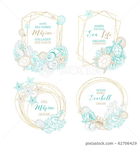 Seashell and marine algae cosmetics package labels, vector modern premium golden frames design. Ocean seashell and sea minerals body care product, corals and starfish in gold foil circle wreath 62706429