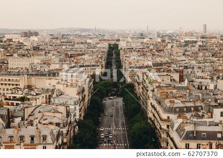 Paris, panoramic aerial view of Champs Elysees boulevard. France, Europe Paris, panoramic aerial view of Champs Elysees boulevard. France, Europe 62707370
