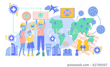flat art design conceptual idea of  "wearing face mask awareness" family in world wide wearing face mask to protect and prevent  virus spreading , Coronavirus, flu transmission, pandemic 62709307