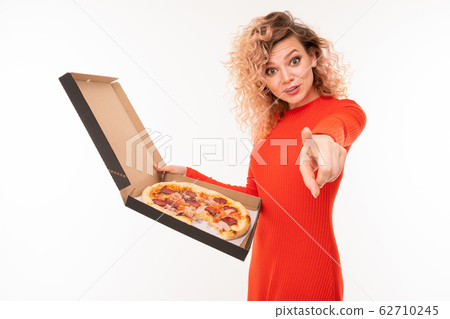 Portrait of beautiful caucasian girl ets big yoummy pizza Portrait of beautiful caucasian girl ets big yoummy pizza 62710245