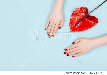 Red manicure and flower. 62711455