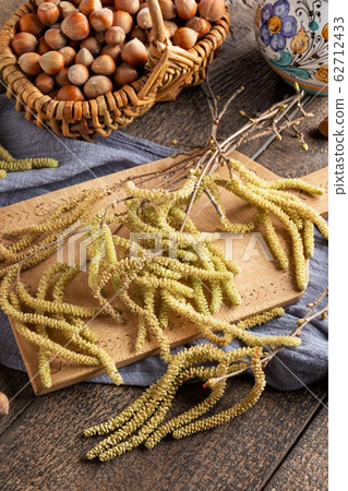 Hazel catkins on a table, with hazelnuts in the background 62712433