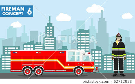 Fireman concept. Detailed illustration of woman firefighter and fire truck in flat style on background with cityscape. Vector illustration. Fireman concept. Detailed illustration of woman firefighter and fire truck in flat style on background with cityscape. Vector illustration. 62712938