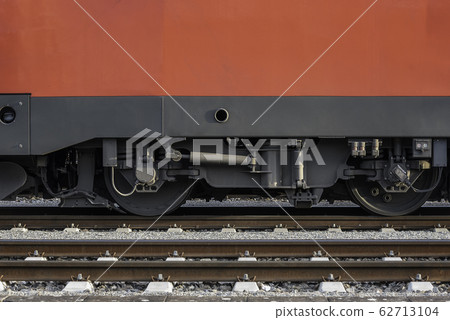 Locomotive wheels on railway tracks. Train wheels Locomotive wheels on railway tracks. Train wheels 62713104