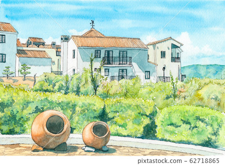 Watercolor painting Shima Mediterranean Village 62718865
