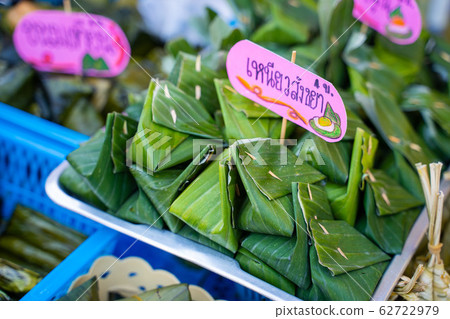 sticky rice with custard thai dessert in banana 62722979
