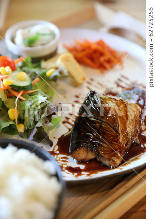 Saba fish teriyaki with rice soup and salad on wood background , Japanese food 62725256