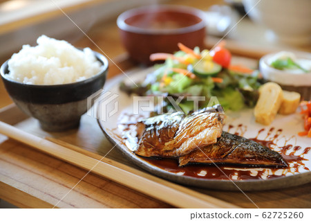 Saba fish teriyaki with rice soup and salad on wood background , Japanese food 62725260