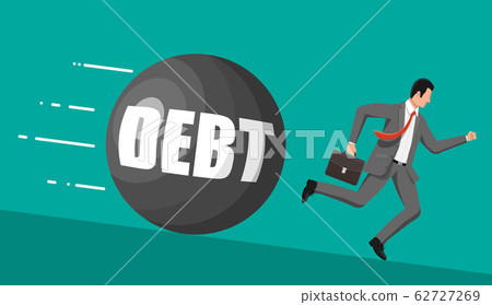 Businessman running away from big debt weight Businessman running away from big debt weight 62727269