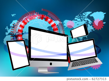 Laptops, smartphones and tablets connected to the world-virus image Laptops, smartphones and tablets connected to the world-virus image 62727313