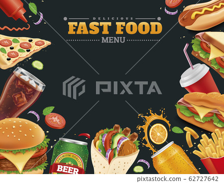 fast food items-hamburger, fries, hotdog, drinks, sandwich, baguette,pizza, tortilla wrap fast food items-hamburger, fries, hotdog, drinks, sandwich, baguette,pizza, tortilla wrap 62727642
