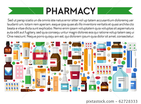 Drug store or pharmacy banner, medicines and pills or medicaments 62728333