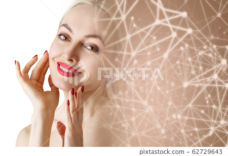 Beautiful woman disappearing in starry virtual space. Beautiful woman disappearing in starry virtual space. 62729643
