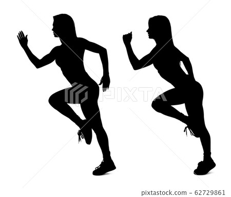 Collage of black silhouette of sporty woman running. Collage of black silhouette of sporty woman running. 62729861