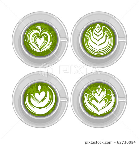 Round cups of matcha coffee or tea with milk botanical art. 62730084
