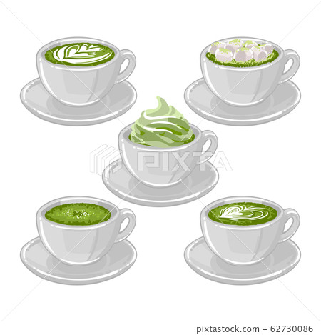 Round cups of matcha coffee or tea with milk botanical art, whipped cream and marshmallows 62730086