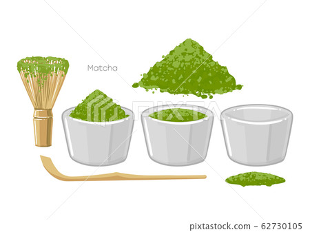 Vector collection of empty bowls and filled with matcha powder,wooden stick and whisk 62730105