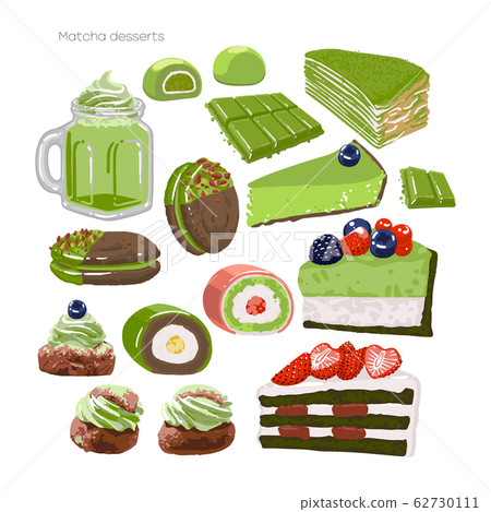 Collection of different matcha desserts isolated on white background 62730111