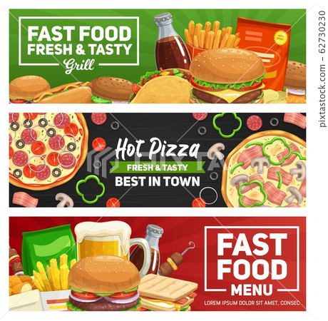 Fast food pizza, burger, fries and sandwich