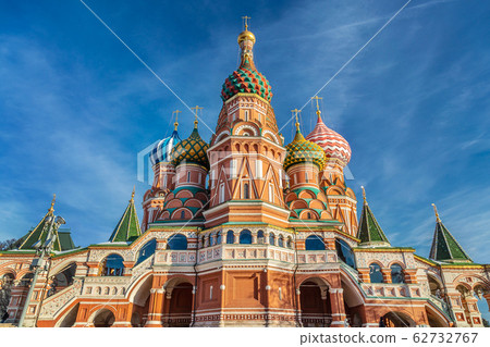 The most famous architectural place for visiting and attraction in Moscow, Russia, Saint Basil. Moscow, Russia, Europe. It is famous landmark of Moscow. Saint Basil`s church in Moscow center close-up 62732767