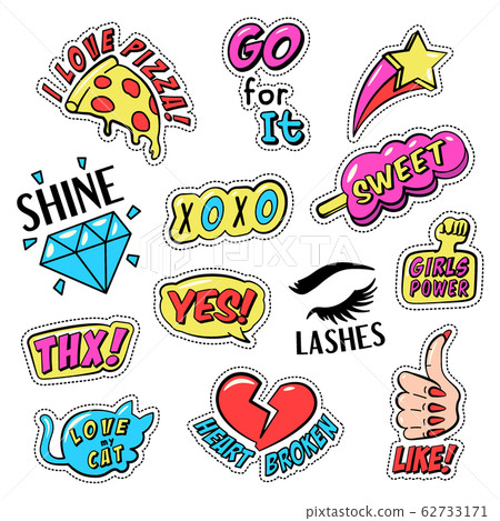Set of colorful retro style stickers, badges with text 62733171