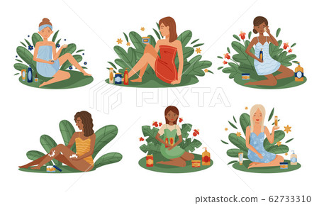 Women Using and Testing Natural Organic Cosmetic Products with Botanical Leaves Behind Vector Illustrations Set 62733310
