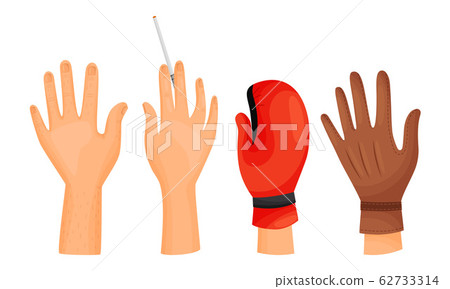 Different Hands with Cigarette and in Gloves Isolated on White Background Vector Set 62733314