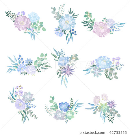 Tender Floral Composition with Blue Flowers and Twigs Vector Set Tender Floral Composition with Blue Flowers and Twigs Vector Set 62733333