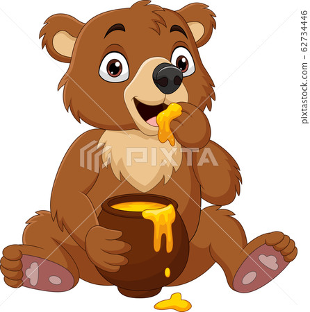Cartoon baby bear sitting and eating honey from... - Stock Illustration  [62734446] - PIXTA