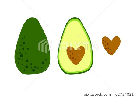 Avocado icons with heart seed. Funny illustration in flat cartoon style. Great as logo or symbol for 62734821