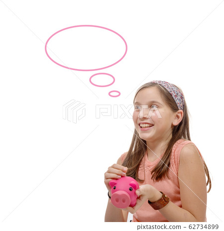 preteen think with a piggy bank, on white 62734899