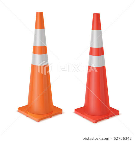 Red and orange realistic road plastic white striped shiny cones. Red and orange realistic road plastic white striped shiny cones. 62736342
