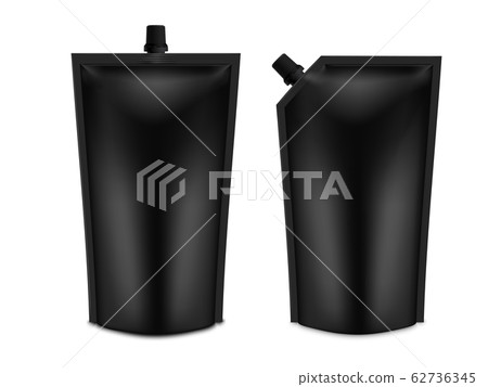 Realistic 3D Black Blank Doy Pack Mock up set. Vector Doypack Template Packing with screw cap. Realistic 3D Black Blank Doy Pack Mock up set. Vector Doypack Template Packing with screw cap. 62736345
