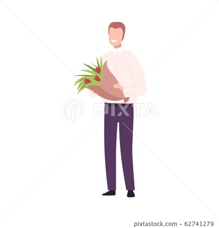 Smiling Young Man with Bouquet of Tulip Flowers... - Stock Illustration ...