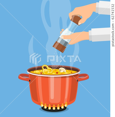 Chef cook with pepper mill and boiling pot Chef cook with pepper mill and boiling pot 62741532