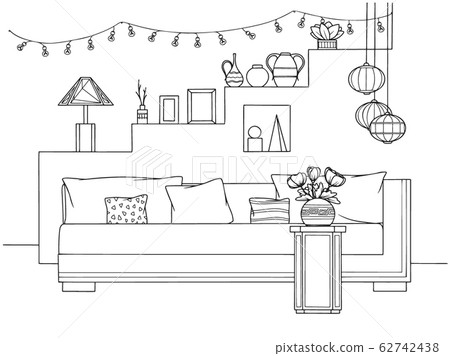 Sketch a cozy living room in boho style. Sketch a cozy living room in boho style. 62742438