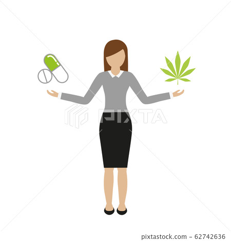 woman holds tablets in one and cannabis leaf in the other hand 62742636