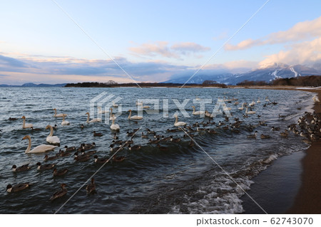 落日照耀的豬苗代郎湖和萬代山 62743070