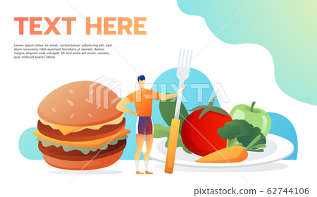 Useful and useless food. Man decide to eat. Vector flat illustration 62744106
