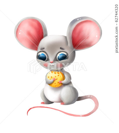 Cute cartoon mouse holds cheese on a white background 62744320