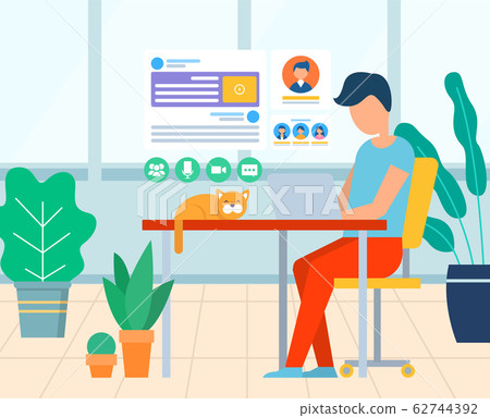 Business Workplace with Computer and Cat Vector Business Workplace with Computer and Cat Vector 62744392