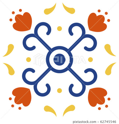 Mexican talavera tile pattern. Ornament in traditional style from Puebla on white background. Floral ceramic composition with flower, dot and leaves. Folk art design from Mexico. 62745546